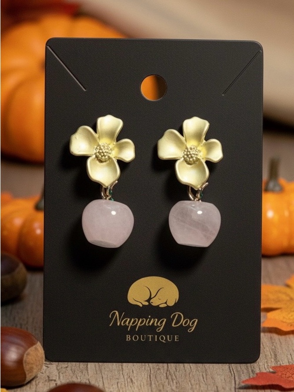 Rose Quartz Dangle Earrings with Gold-Tone Flower Posts – Natural Stone Earrings